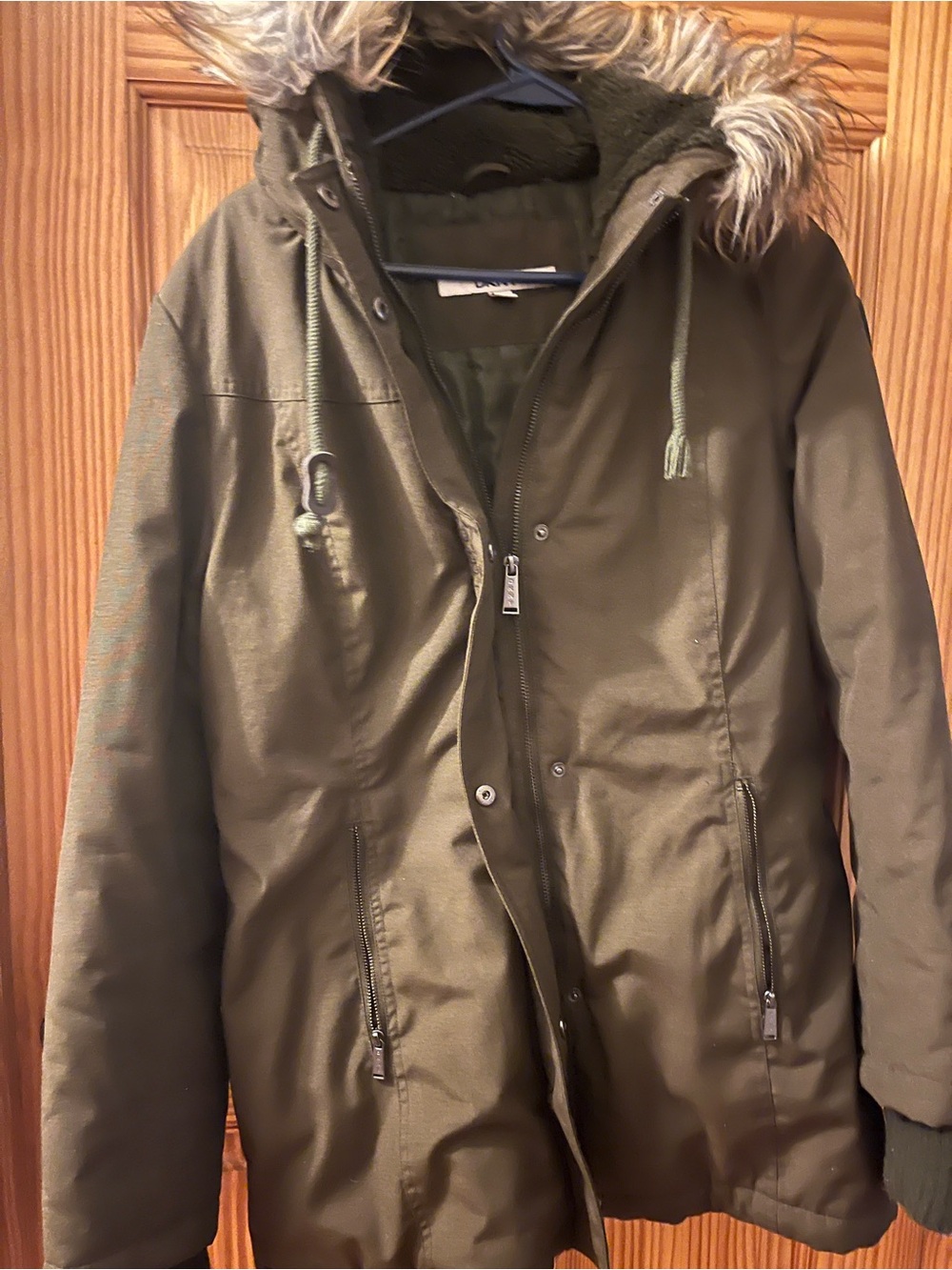 Women’s Olive Green Parka Jacket with Faux Fur Hood